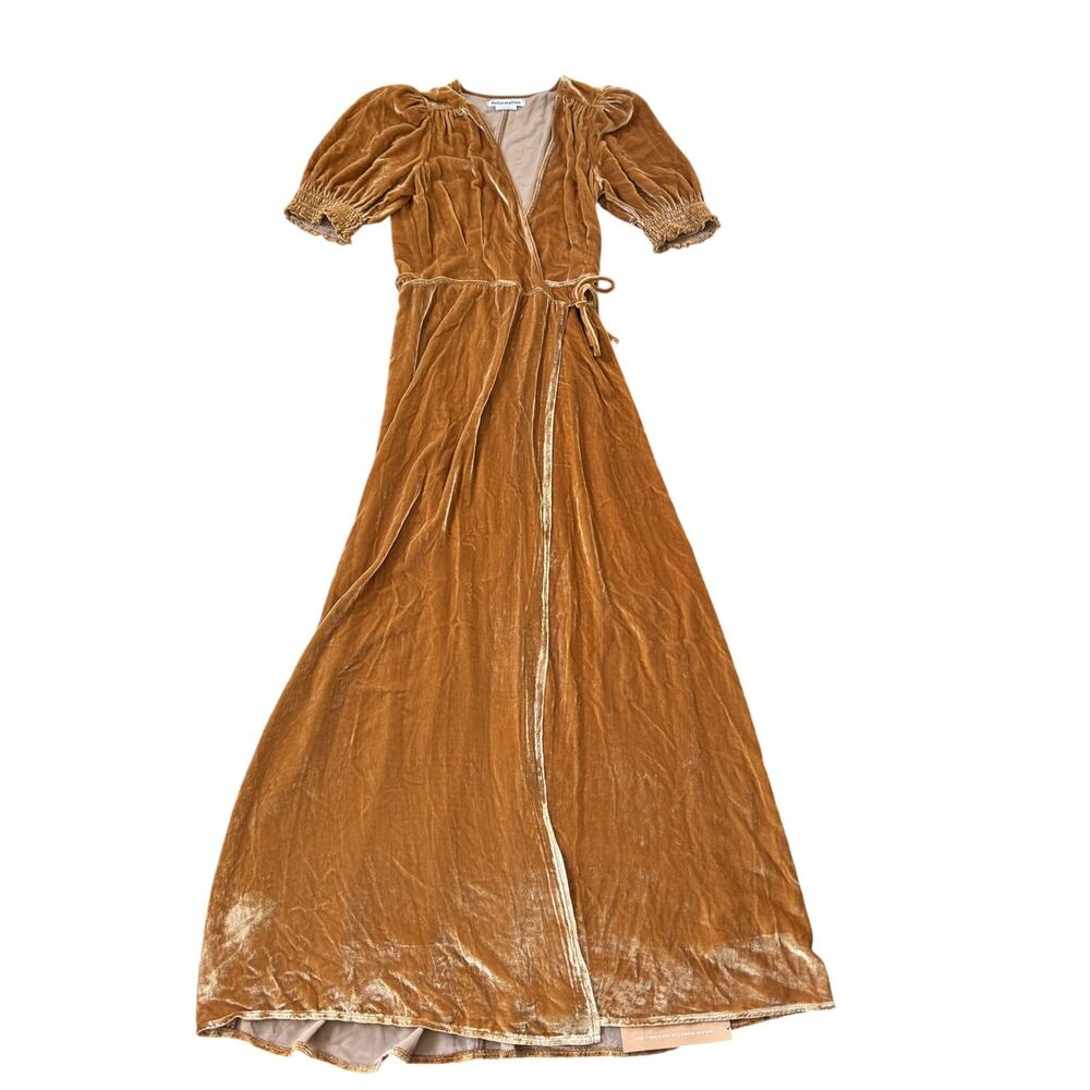 NEW Reformation The Peonie Wrap Silk Blend Velvet Midi Dress Gold